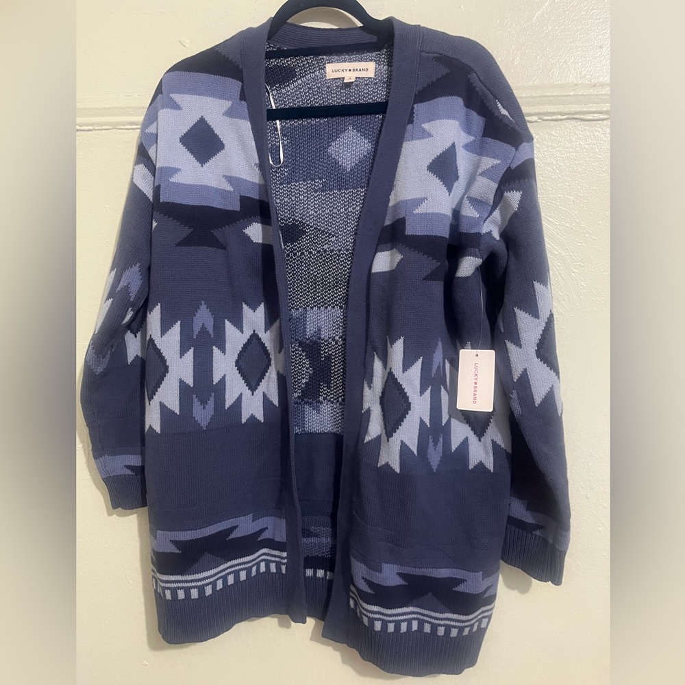 Lucky Brand Geometric Patterned Cardigan in Blue Tones